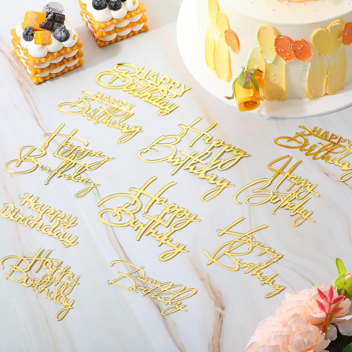 50 Pcs Happy Birthday Cake Toppers Bulk Mirror Acrylic Cupcake Topper Cupcake Decorations Happy Birthday Sign for Cake Side Inserts Decor Party Supplies 10 Style(Gold)