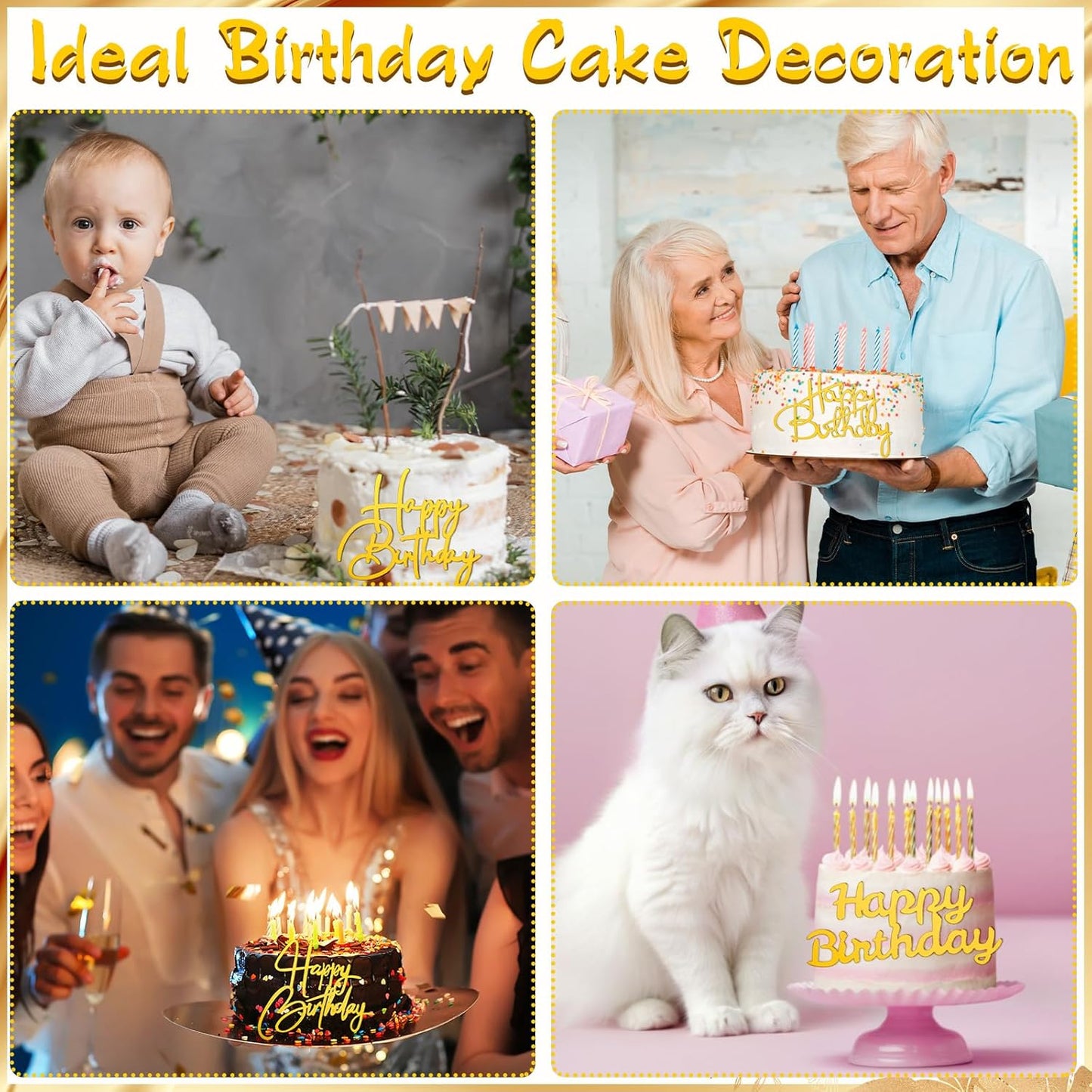 50 Pcs Happy Birthday Cake Toppers Bulk Mirror Acrylic Cupcake Topper Cupcake Decorations Happy Birthday Sign for Cake Side Inserts Decor Party Supplies 10 Style(Gold)