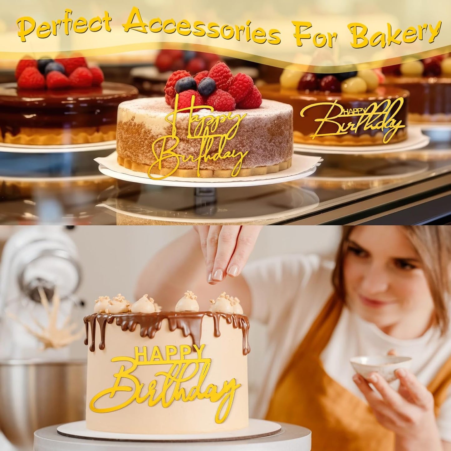 50 Pcs Happy Birthday Cake Toppers Bulk Mirror Acrylic Cupcake Topper Cupcake Decorations Happy Birthday Sign for Cake Side Inserts Decor Party Supplies 10 Style(Gold)