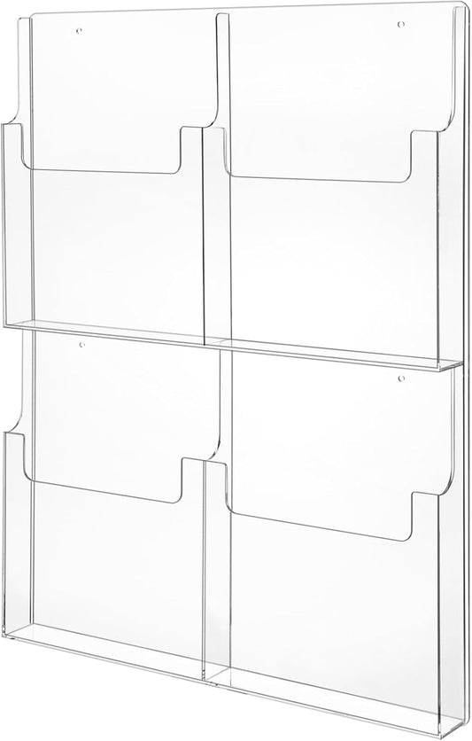4 Pocket Acrylic Brochure Holder Wall Mount Clear Pamphlet Holder Plastic Trifold Multi Flyer Rack Magazine Display Stand Wall Hanging Organizer for Office Menu Advertise(11.8 x 8.78 Inch)
