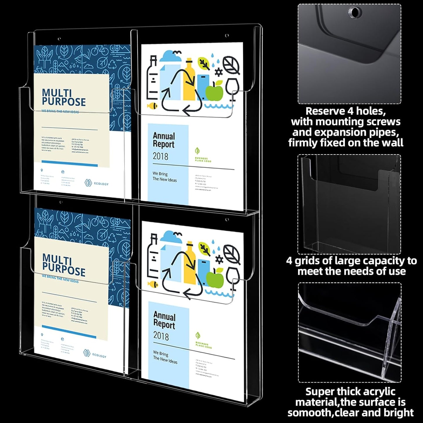 4 Pocket Acrylic Brochure Holder Wall Mount Clear Pamphlet Holder Plastic Trifold Multi Flyer Rack Magazine Display Stand Wall Hanging Organizer for Office Menu Advertise(11.8 x 8.78 Inch)