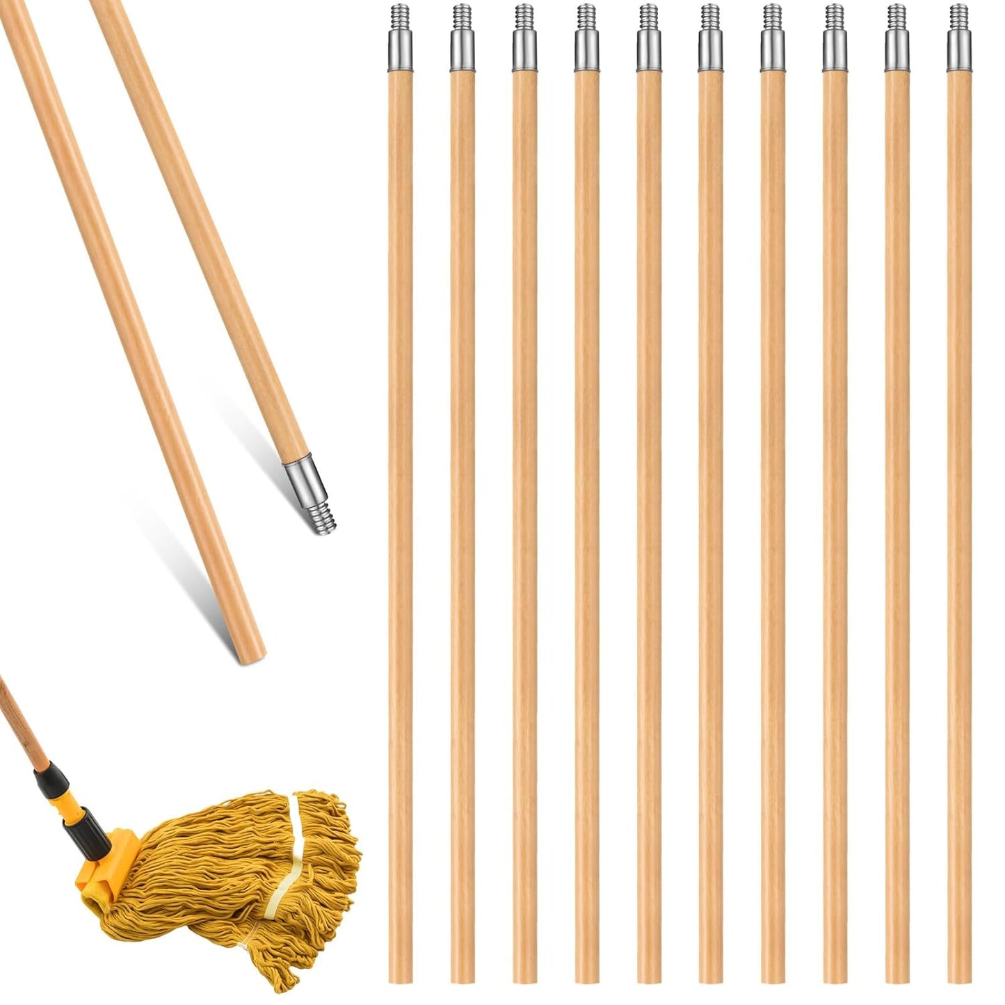 55 Inch Lacquered Wood Broom Handle with Metal Threaded Tip Heavy Duty Natural Lacquered Wood Handle for Floor Home Office Commercial, 1" Diameter(10 Pack)