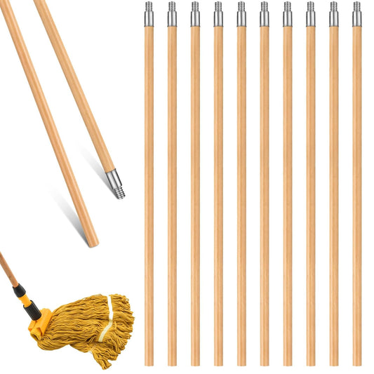 55 Inch Lacquered Wood Broom Handle with Metal Threaded Tip Heavy Duty Natural Lacquered Wood Handle for Floor Home Office Commercial, 1" Diameter(10 Pack)