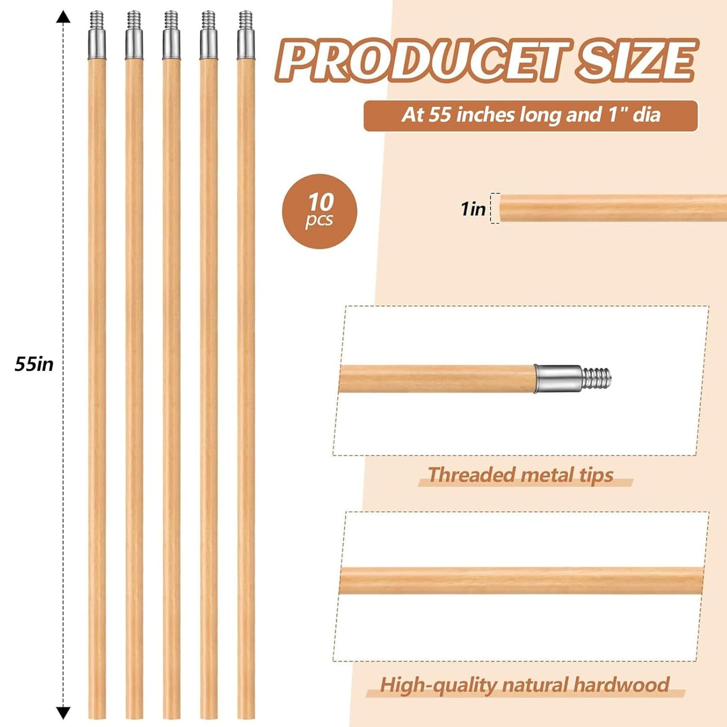 55 Inch Lacquered Wood Broom Handle with Metal Threaded Tip Heavy Duty Natural Lacquered Wood Handle for Floor Home Office Commercial, 1" Diameter(10 Pack)