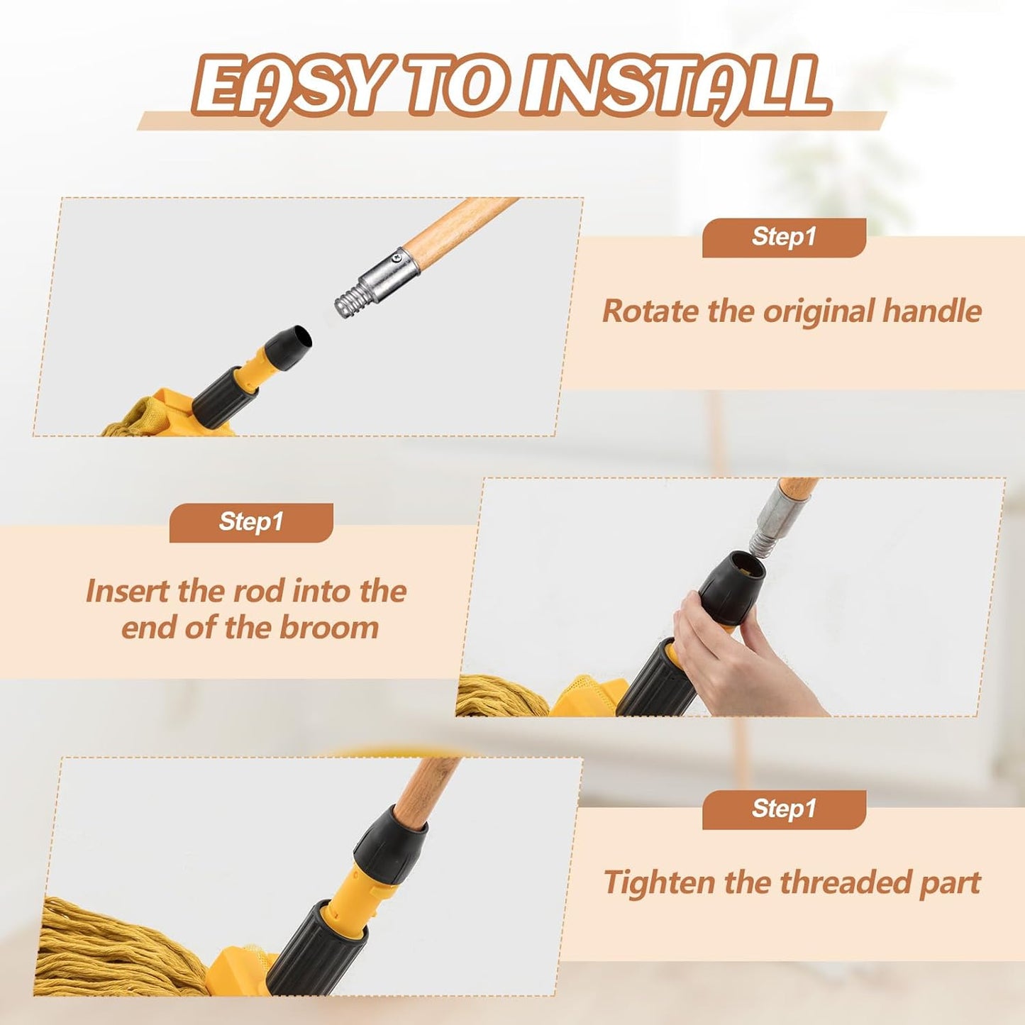 55 Inch Lacquered Wood Broom Handle with Metal Threaded Tip Heavy Duty Natural Lacquered Wood Handle for Floor Home Office Commercial, 1" Diameter(10 Pack)