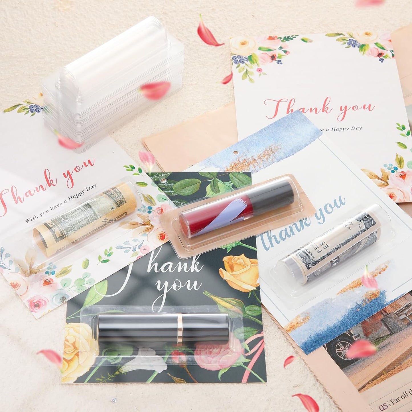 200 Pcs Clear Lip Balm Pouches Plastic Money Holder for Cash Gift Lipstick Plastic Domes Compact Money Card Holder with Adhesive Lip Balm Cards for Organize DIY Storage