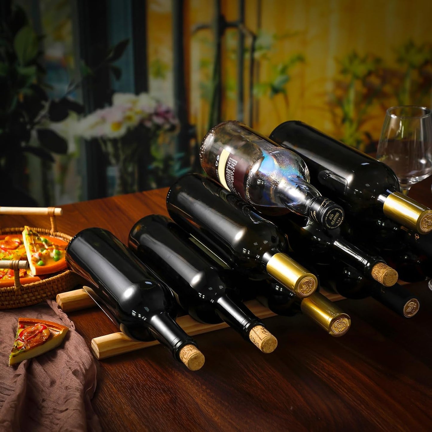 4 Pcs Compact Wooden Wine Rack Wood Wine Bottle Holder Countertop Holder Stand Display Rack Shelf Small Stackable Bottle Storage Organizer for Cabinet Fridge Tabletop Bar(5 Grooves)
