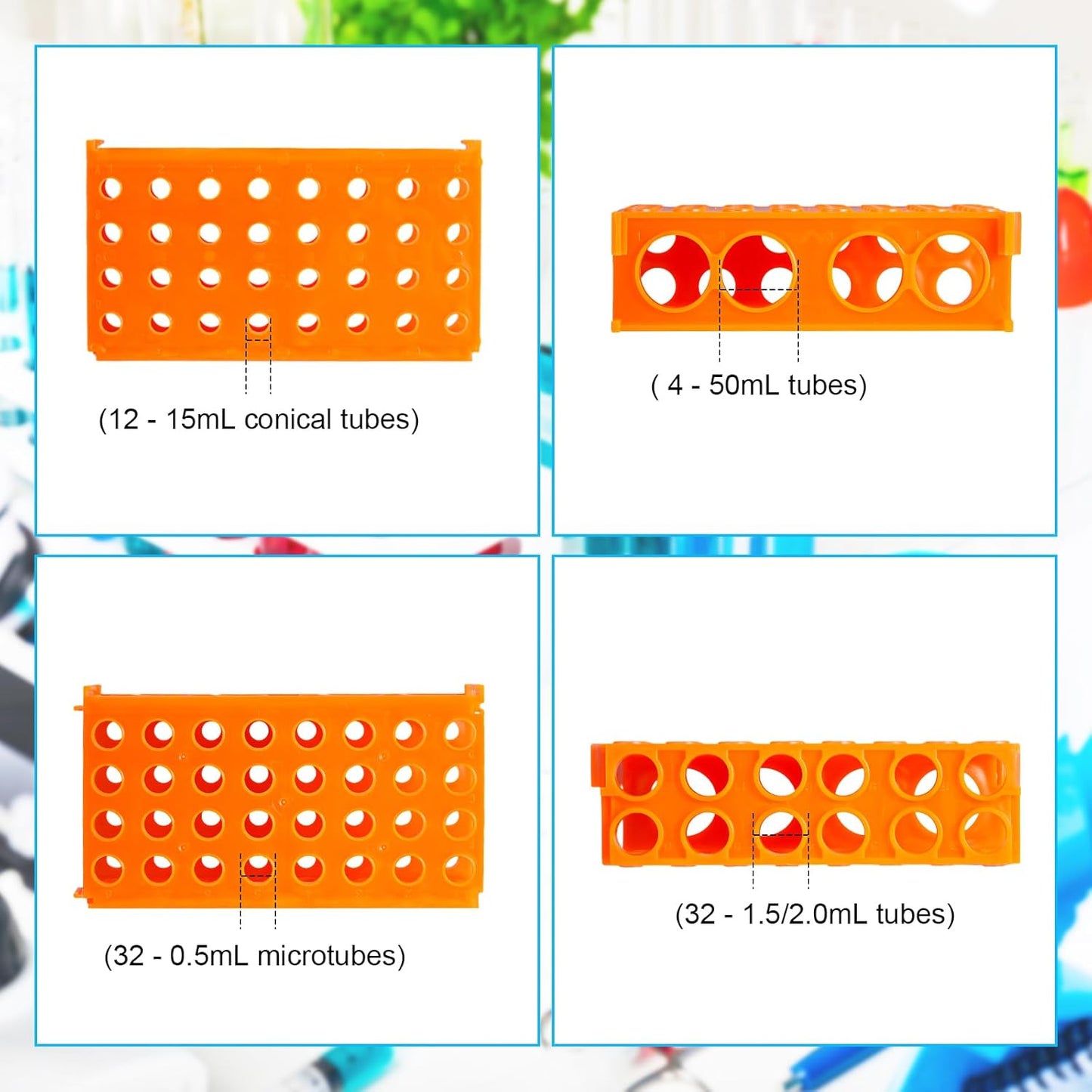 8 Pcs Test Tube Rack 4 Way 0.5ml/ 1.5ml/ 10ml/ 15ml/ 50ml Interlocking Multi PCR Tube Rack Stand Plastic Polypropylene for Centrifuge Lab Scientific Experiments Supplies