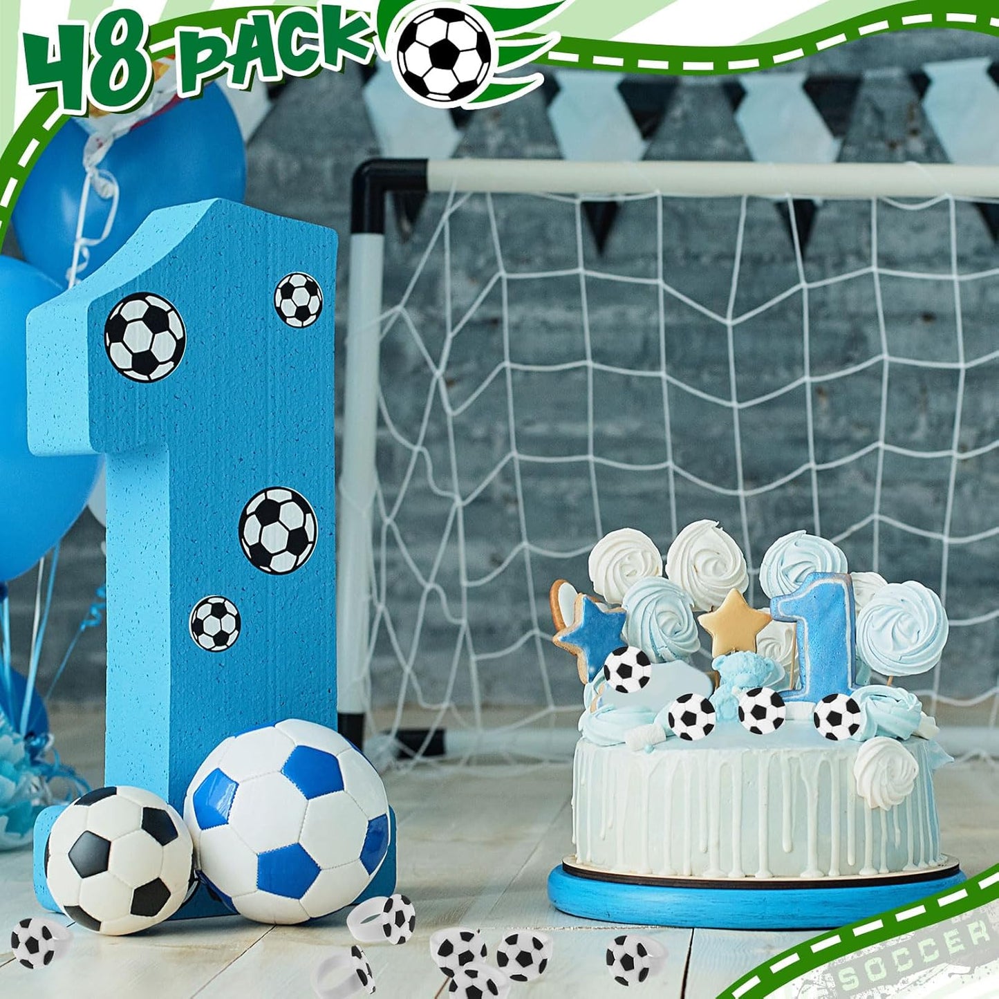 48 Pcs Soccer Ball Cupcake Rings Toppers - Sports Theme Party Decorations for Kids Birthday, Game Day Favors & Gifts