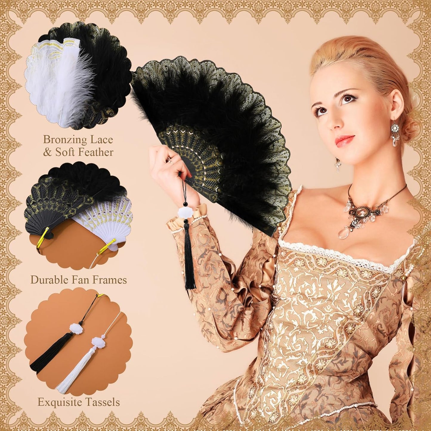 12 Sets Marabou Feather Fan Bulk 20s Folding Fan Wedding Party Favor Lace Vintage Embroidered Flapper Costume Women Dancing Party (White,Black)
