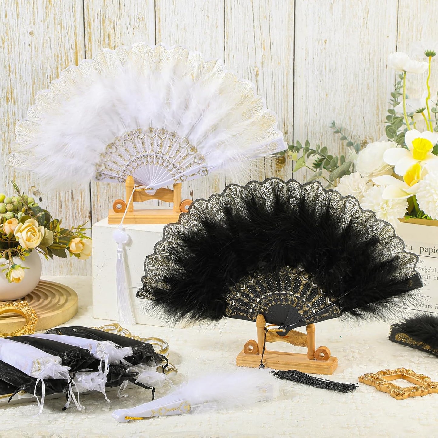12 Sets Marabou Feather Fan Bulk 20s Folding Fan Wedding Party Favor Lace Vintage Embroidered Flapper Costume Women Dancing Party (White,Black)