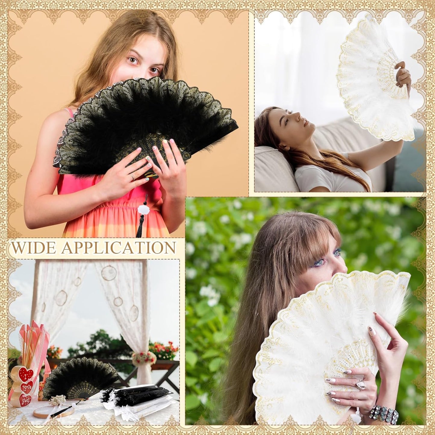 12 Sets Marabou Feather Fan Bulk 20s Folding Fan Wedding Party Favor Lace Vintage Embroidered Flapper Costume Women Dancing Party (White,Black)