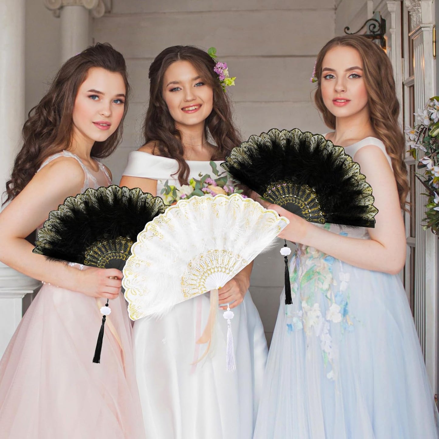 12 Sets Marabou Feather Fan Bulk 20s Folding Fan Wedding Party Favor Lace Vintage Embroidered Flapper Costume Women Dancing Party (White,Black)
