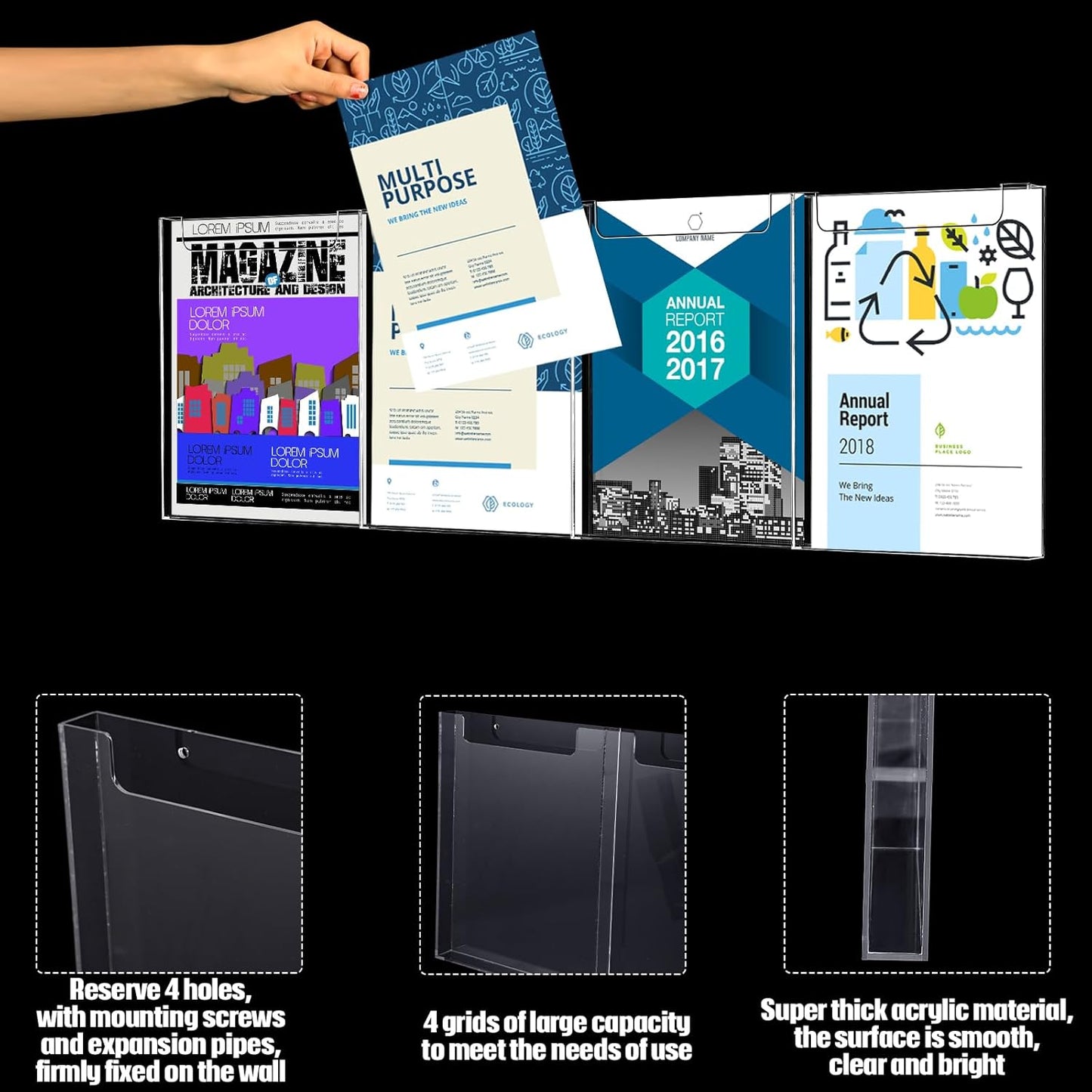 Acrylic Brochure Holder, 8.5 x 11 Inch Flyer Magazine Display Wall Mount Pamphlet Rack Clear Plastic Brochure Stand Literature Holder for Office Classroom Home (4 Pockets)