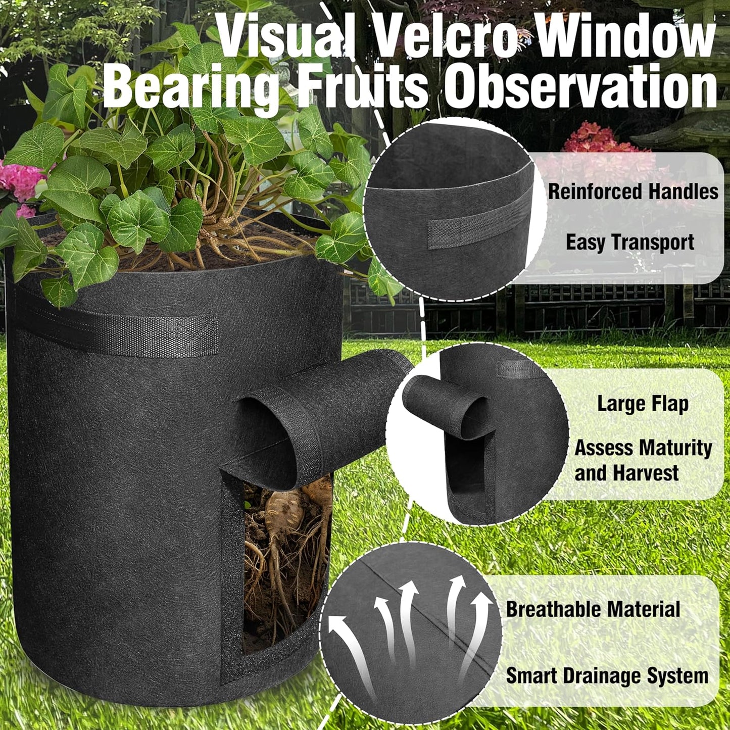 6 Pack BPA-Free 10 Gallon Vegetable Grow Bags with Access Flap and Handles, Suitable for Planting Potato, Taro, Beets, Carrots, Onions, Peanut