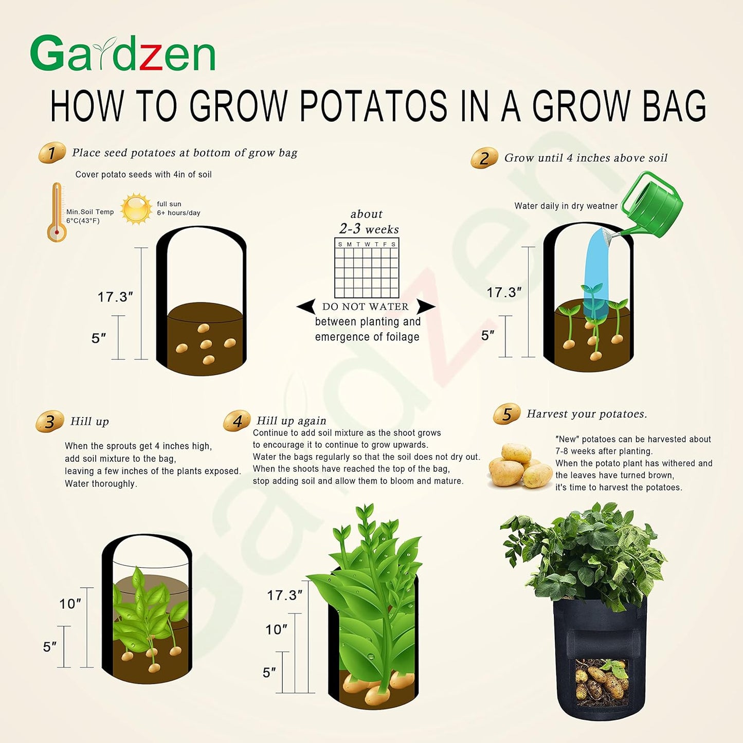 6 Pack BPA-Free 10 Gallon Vegetable Grow Bags with Access Flap and Handles, Suitable for Planting Potato, Taro, Beets, Carrots, Onions, Peanut