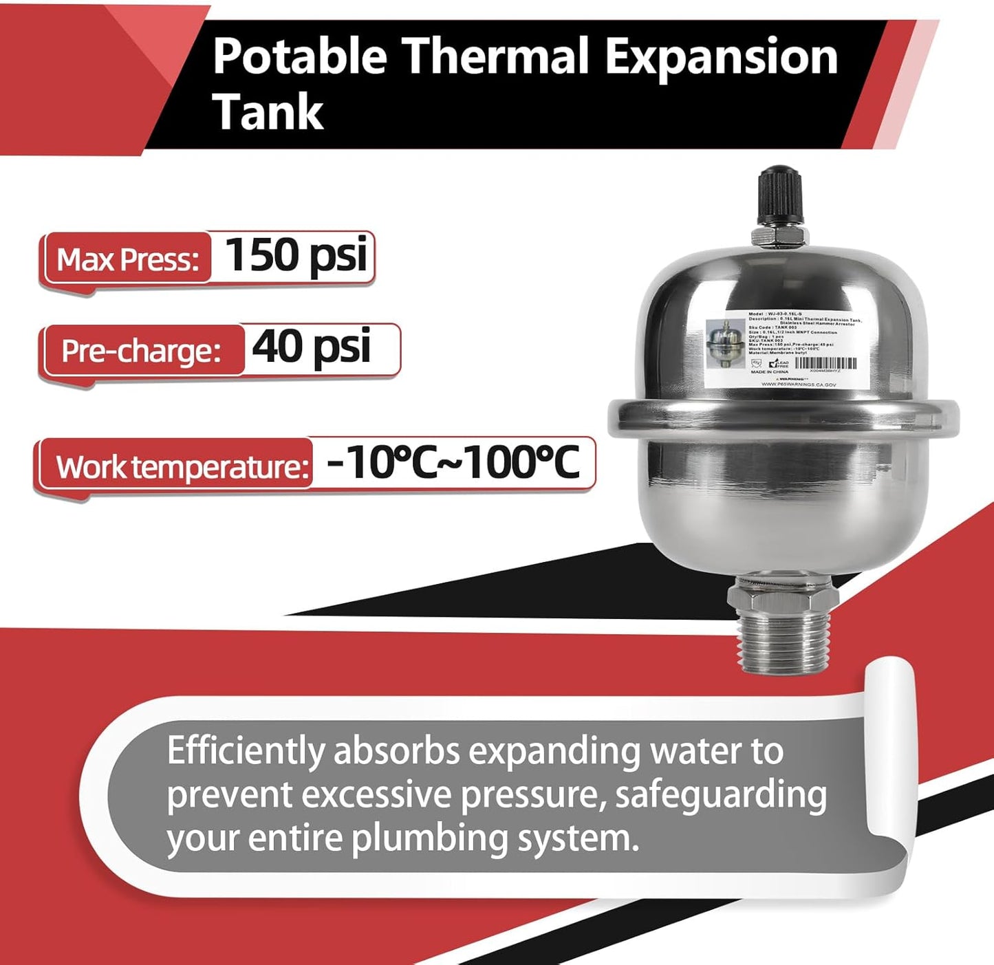 2-Gallon Capacity Mini Thermal Expansion Tank (0.16L), Stainless Steel Hammer Arrestor with 1/2 Inch Threaded For Tankless Water Heater, Water Dispensing/Beverage Appliances (TANK003)