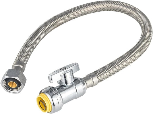 18-Inch Length 1/2" Nominal Push Fit to Connect x 1/2" FIP Braided Faucet Connector,1/4-Turn Straight Stop Valve,(HOSE056)