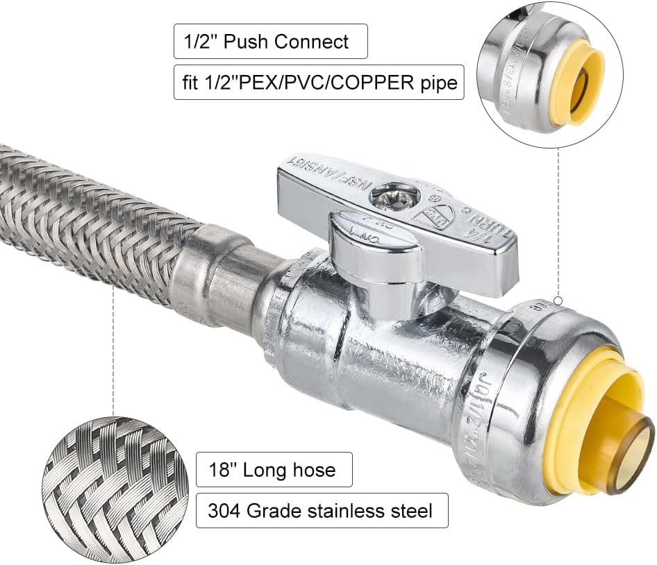 18-Inch Length 1/2" Nominal Push Fit to Connect x 1/2" FIP Braided Faucet Connector,1/4-Turn Straight Stop Valve,(HOSE056)