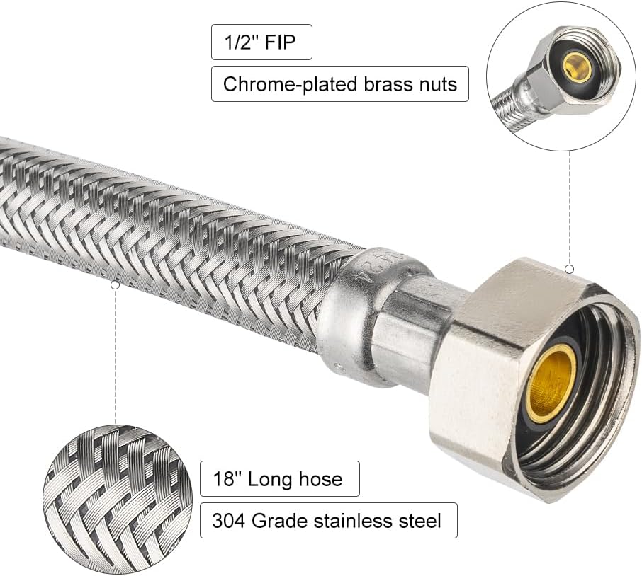 18-Inch Length 1/2" Nominal Push Fit to Connect x 1/2" FIP Braided Faucet Connector,1/4-Turn Straight Stop Valve,(HOSE056)
