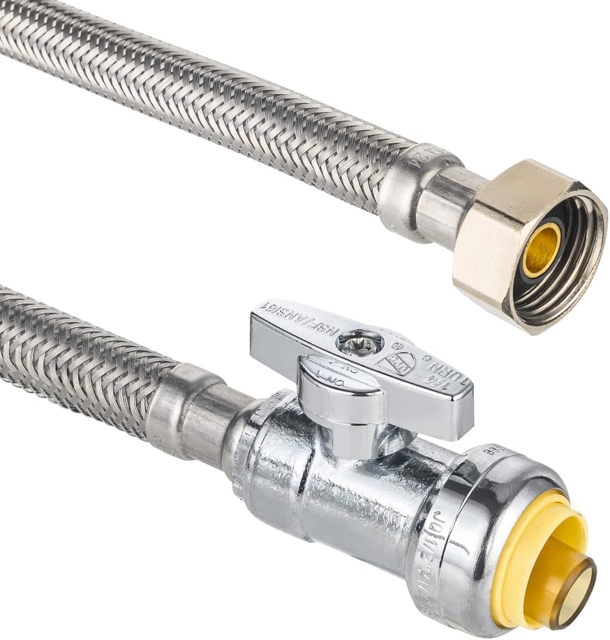 18-Inch Length 1/2" Nominal Push Fit to Connect x 1/2" FIP Braided Faucet Connector,1/4-Turn Straight Stop Valve,(HOSE056)