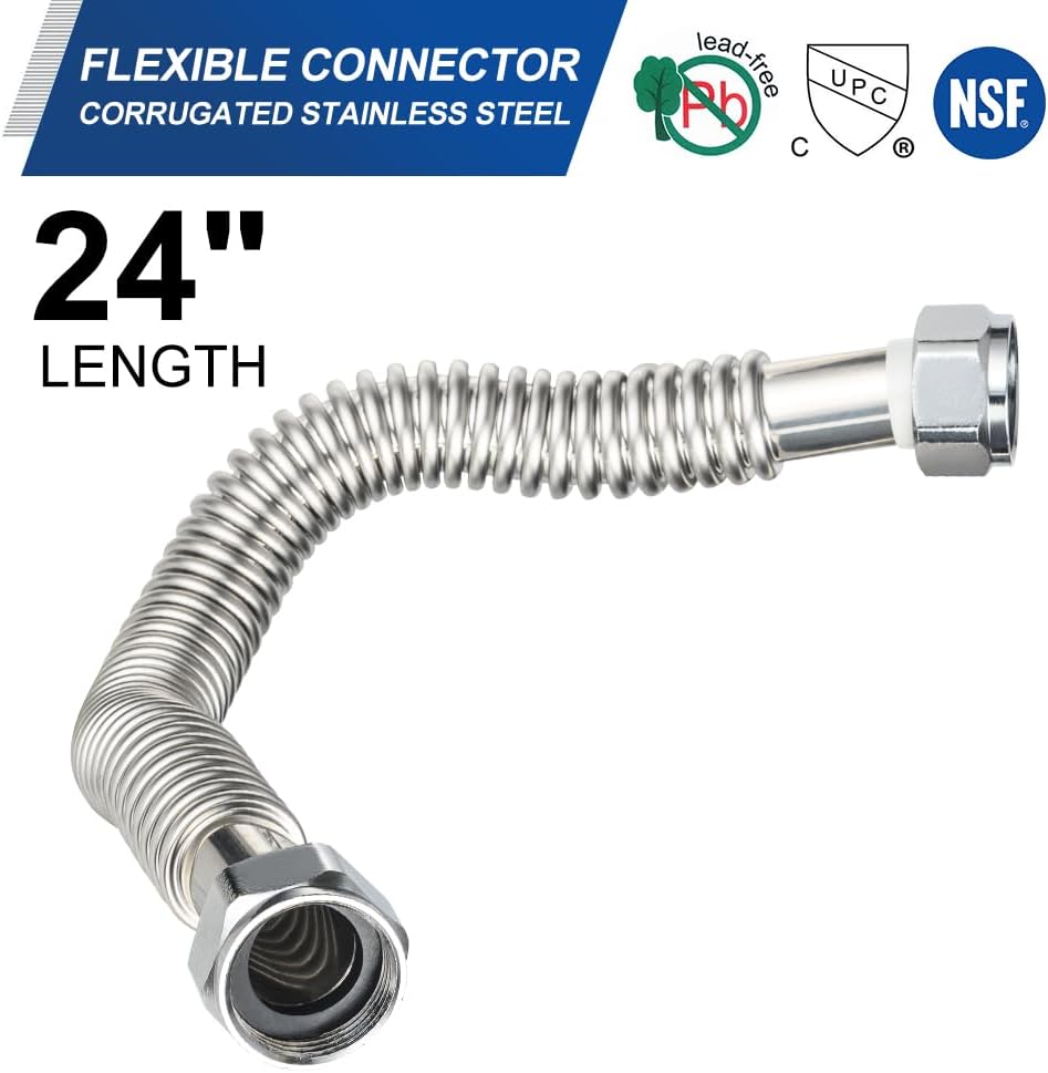 (Pack of 2)  24-inch 1" FIP X 1" FIP Flexible Stainless Steel Corrugated Hose Connector for Water Heater, Water Softener,(HOSE042)