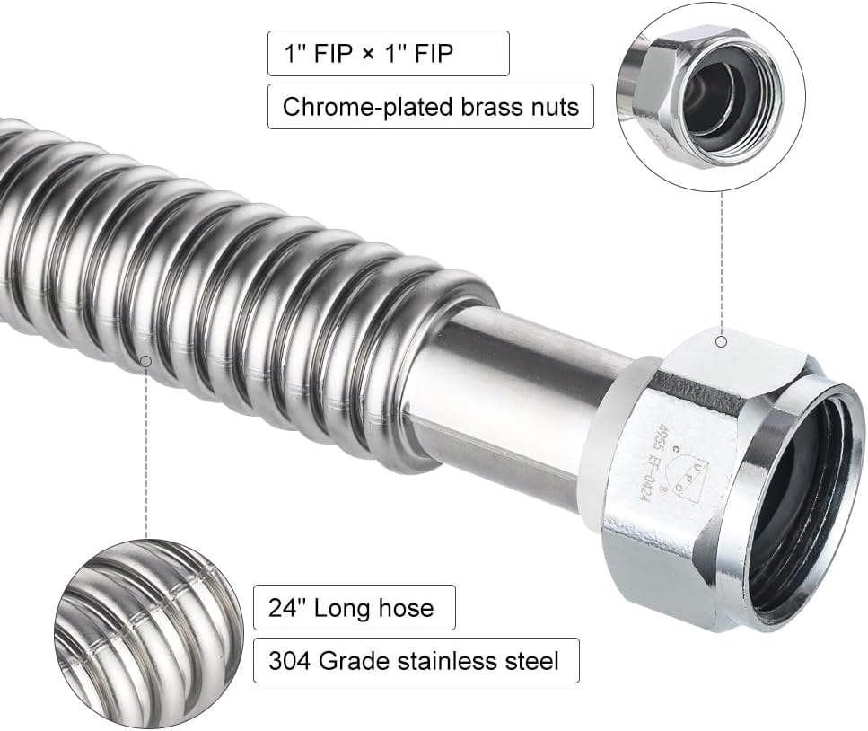 (Pack of 2)  24-inch 1" FIP X 1" FIP Flexible Stainless Steel Corrugated Hose Connector for Water Heater, Water Softener,(HOSE042)