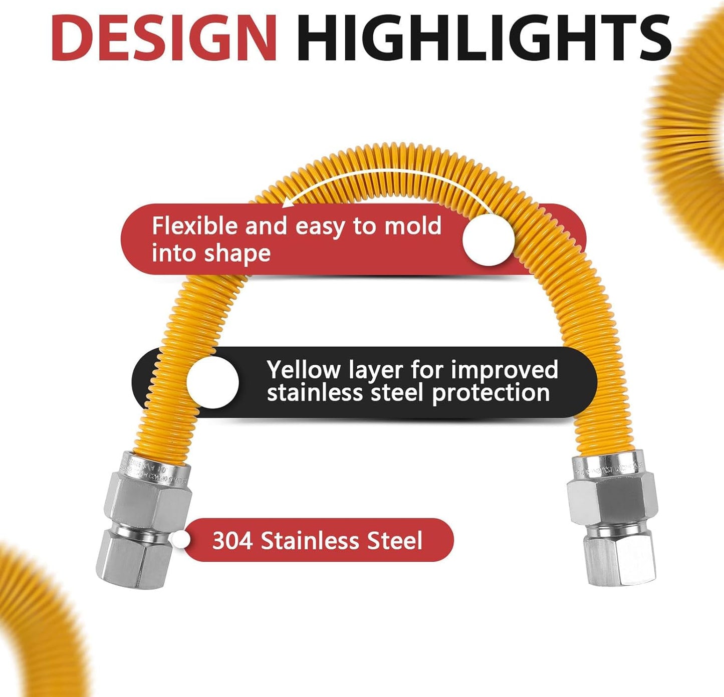 18-inch Flexible Gas Hose Connector, 1" OD 3/4" FIP x 3/4" FIP, Yellow Coated Stainless Steel, for Tankless Water Heater, Gas Appliance Supply Line(HOSE092)
