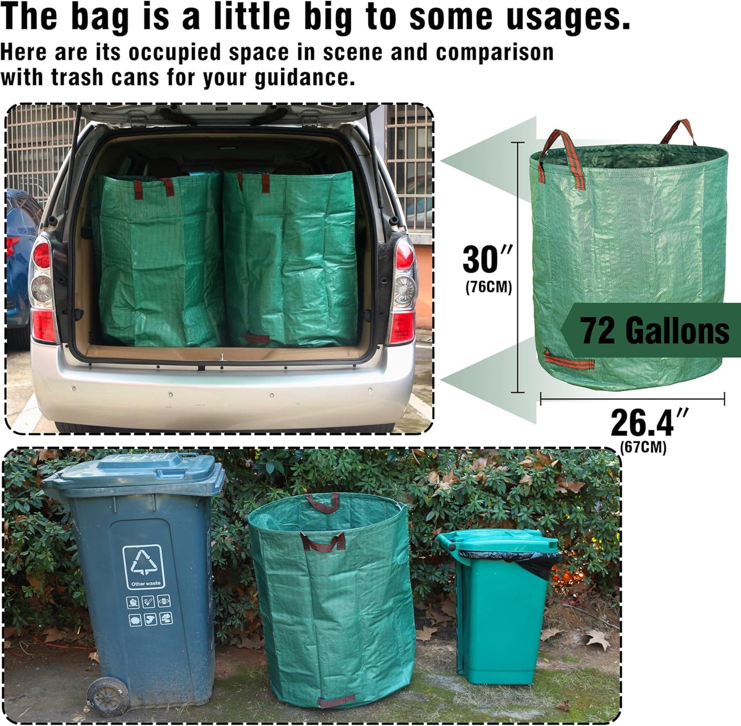 3-Pack 72 Gallon Yard Waste Bags, Reusable Heavy Duty Collapsible Garden Leaf Bags with Plastic Ring, Stand-Up Yard Waste Bin for Leaves, Lawn Debris & Grass Clippings, PE Material