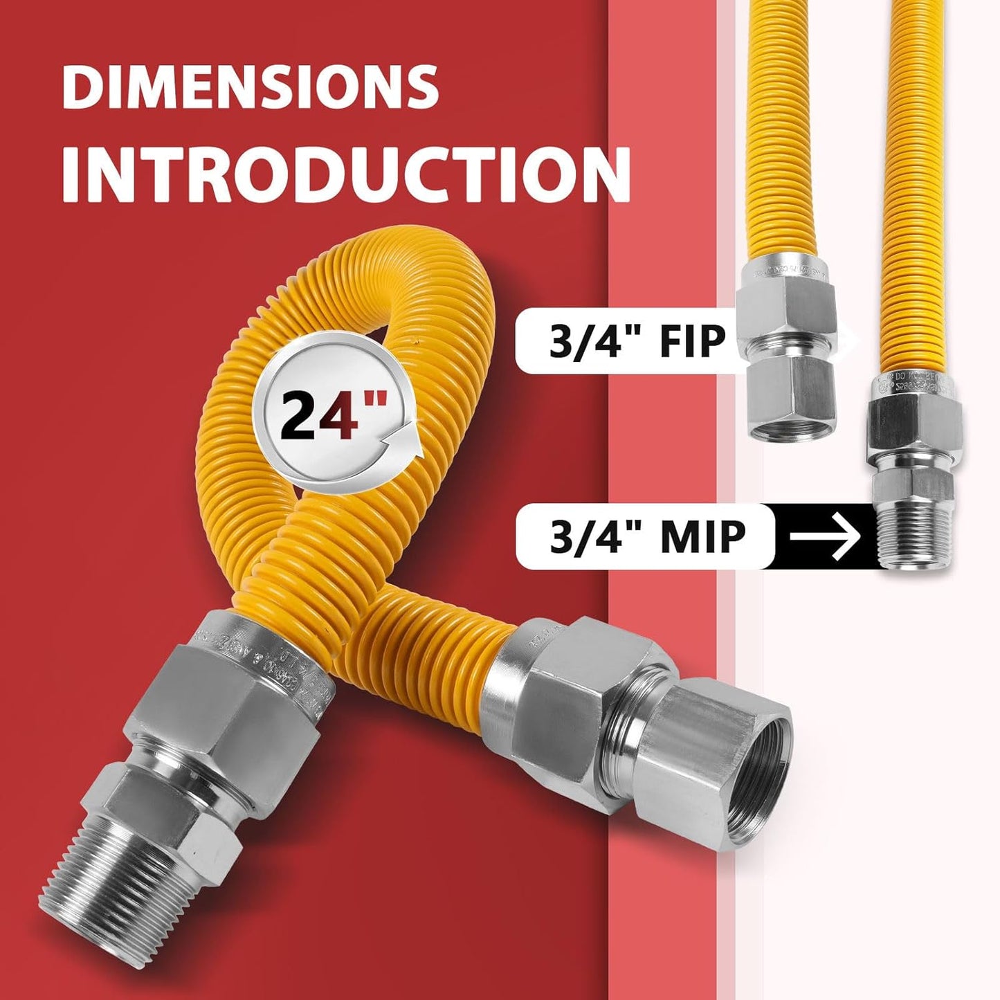 24-inch Flexible Gas Hose Connector, 1" OD Full Flow, 3/4" MIP x 3/4" FIP, Yellow Coated Stainless Steel, for Tankless Water Heater, Gas Appliance Supply Line (HOSE090)