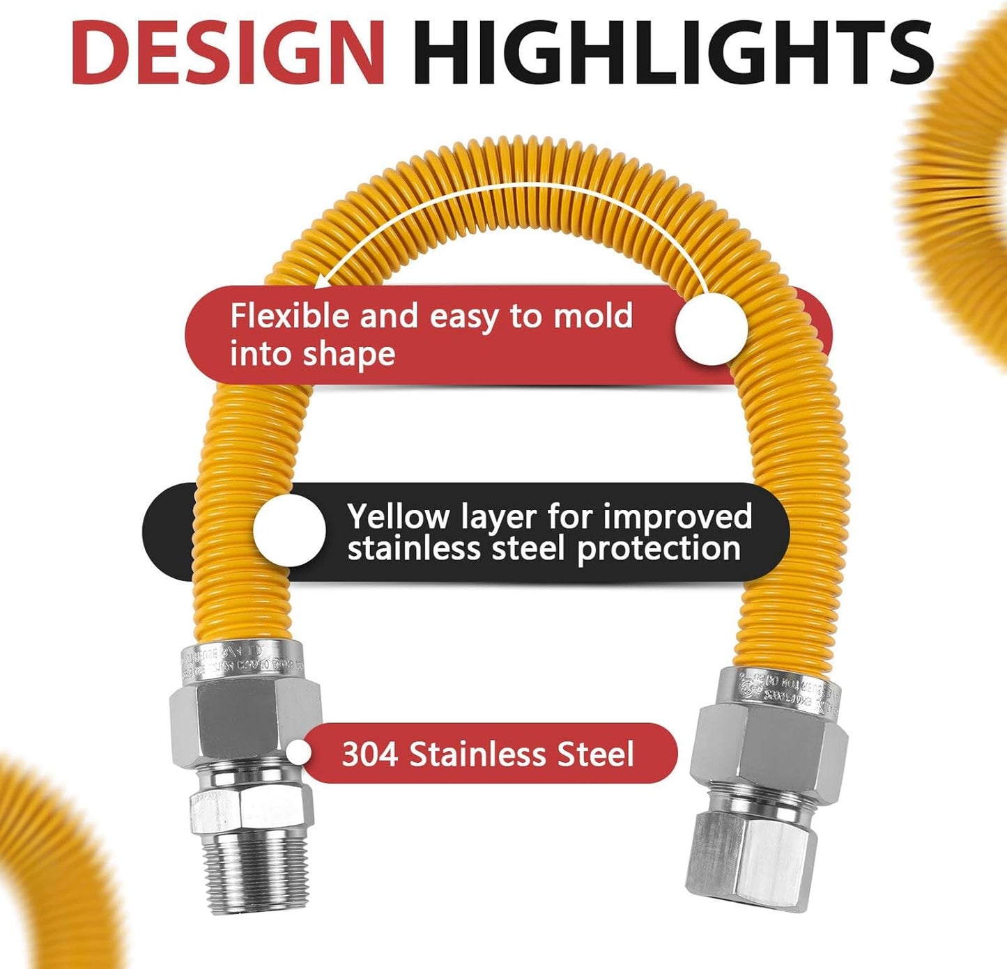 24-inch Flexible Gas Hose Connector, 1" OD Full Flow, 3/4" MIP x 3/4" FIP, Yellow Coated Stainless Steel, for Tankless Water Heater, Gas Appliance Supply Line (HOSE090)