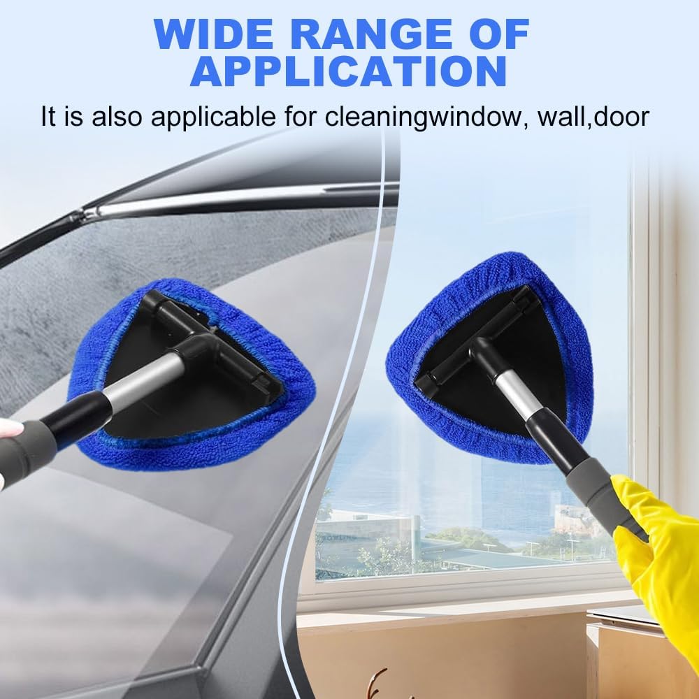 Microfiber Car Windshield Cleaner Tool, 2025 Upgrade Car Window Cleaner Windshield Cleaner Inside Glass Wiper Kit, Reusable Washable Microfiber Pads and Extendable Handle (Black)