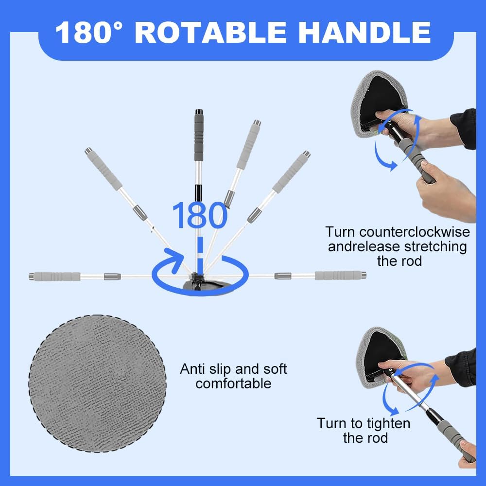 Microfiber Car Windshield Cleaner Tool, 2025 Upgrade Car Window Cleaner Windshield Cleaner Inside Glass Wiper Kit, Reusable Washable Microfiber Pads and Extendable Handle (Black)
