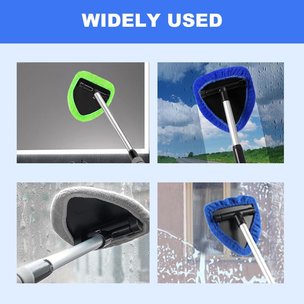 Microfiber Car Windshield Cleaner Tool, 2025 Upgrade Car Window Cleaner Windshield Cleaner Inside Glass Wiper Kit, Reusable Washable Microfiber Pads and Extendable Handle (Black)