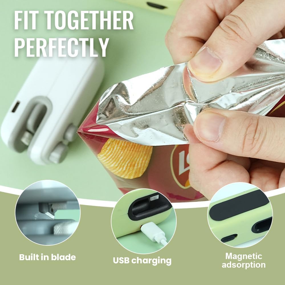 Mini Bag Sealer, 4 in 1 Bag Cutter and Sealer, USB Rechargeable, Portable, Blue