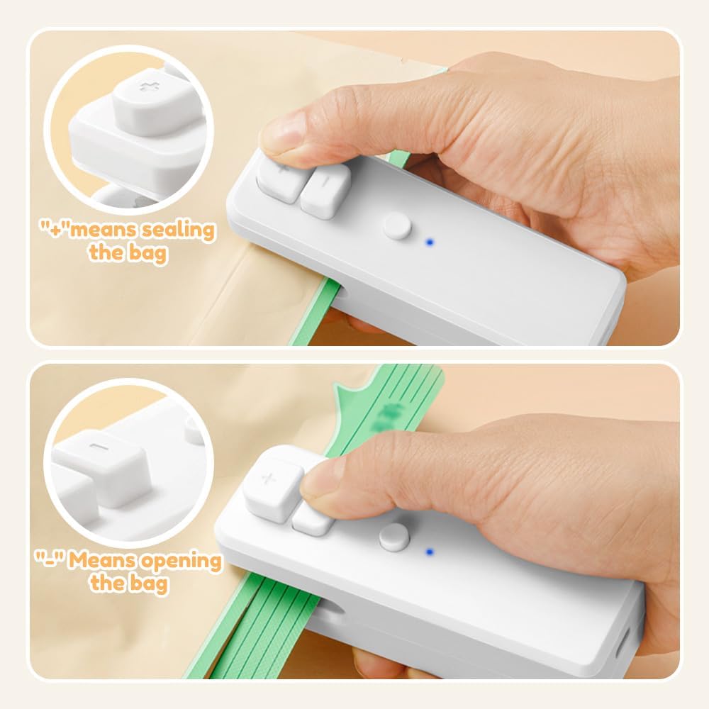 Mini Bag Sealer Heat Seal Tool, Upgraded 2 in 1 Rechargeable Portable Handheld Vacuum Food Sealer 2024 Portable Mini Sealing Household Machine for Snacks Vegetable Fresh Storage (White)