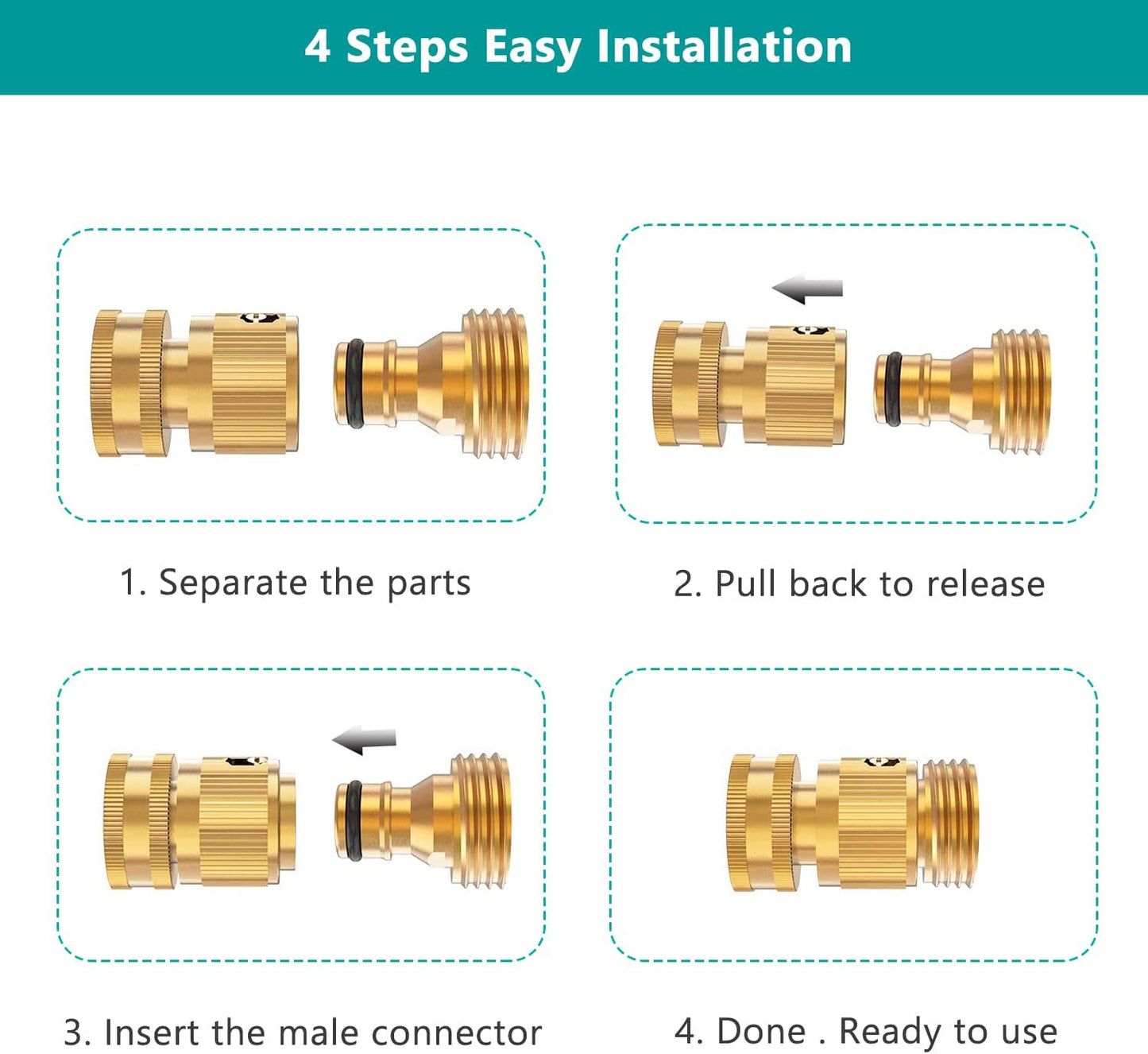 Garden Hose Quick Connector, Solid Brass 3/4 Inch Thread Fitting No-Leak Water Hose Female and Male Easy Connect (6 Sets)