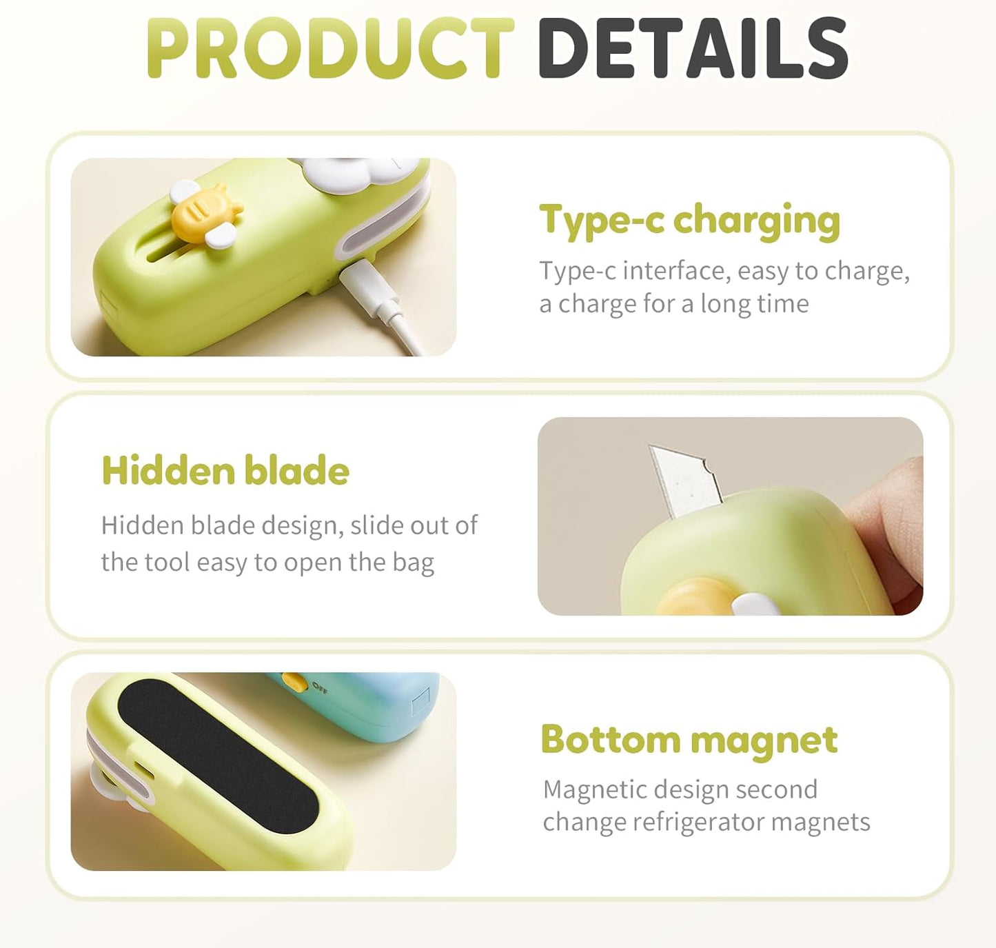 Upgraded Mini Bag Sealer, 2025 New 2 in 1 Bag Sealer Heat Seal with Cutter and Magnet, USB Rechargeable Chip Bag Sealer Heat Seal for Plastic Bags Snacks and Food Storage (Green)