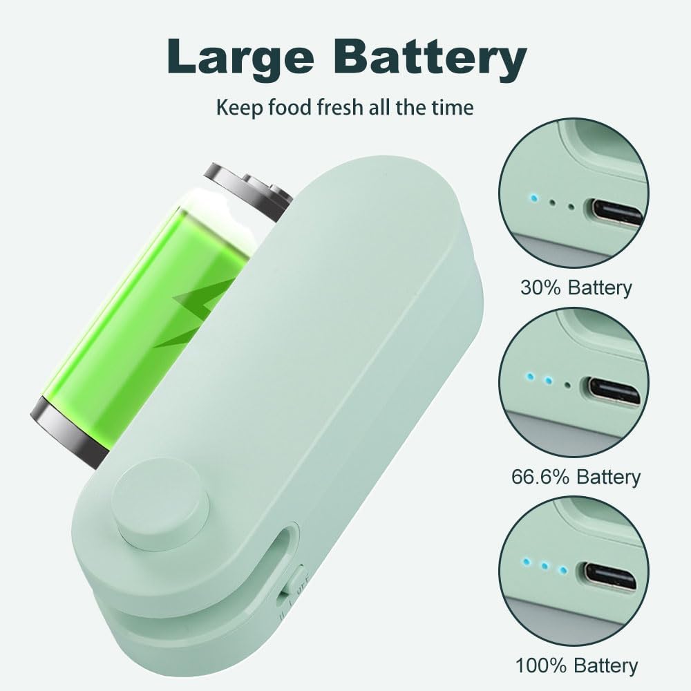 Mini Bag Sealer, 2025 Upgrade Portable Handheld Vacuum Food Sealer Bag Sealing Machine, New 4 In 1 Bag Cutter and Sealer USB Rechargeable Bag Sealer for Plastic Bags Snack Bags (Green)
