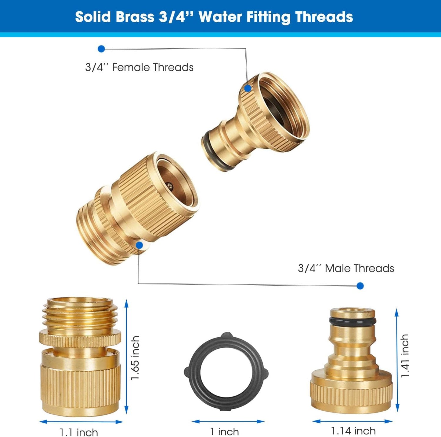 Garden Hose Quick Connector, Solid Brass 3/4 Inch Thread Fitting No-Leak Water Hose Female and Male Easy Connect (6 Sets)