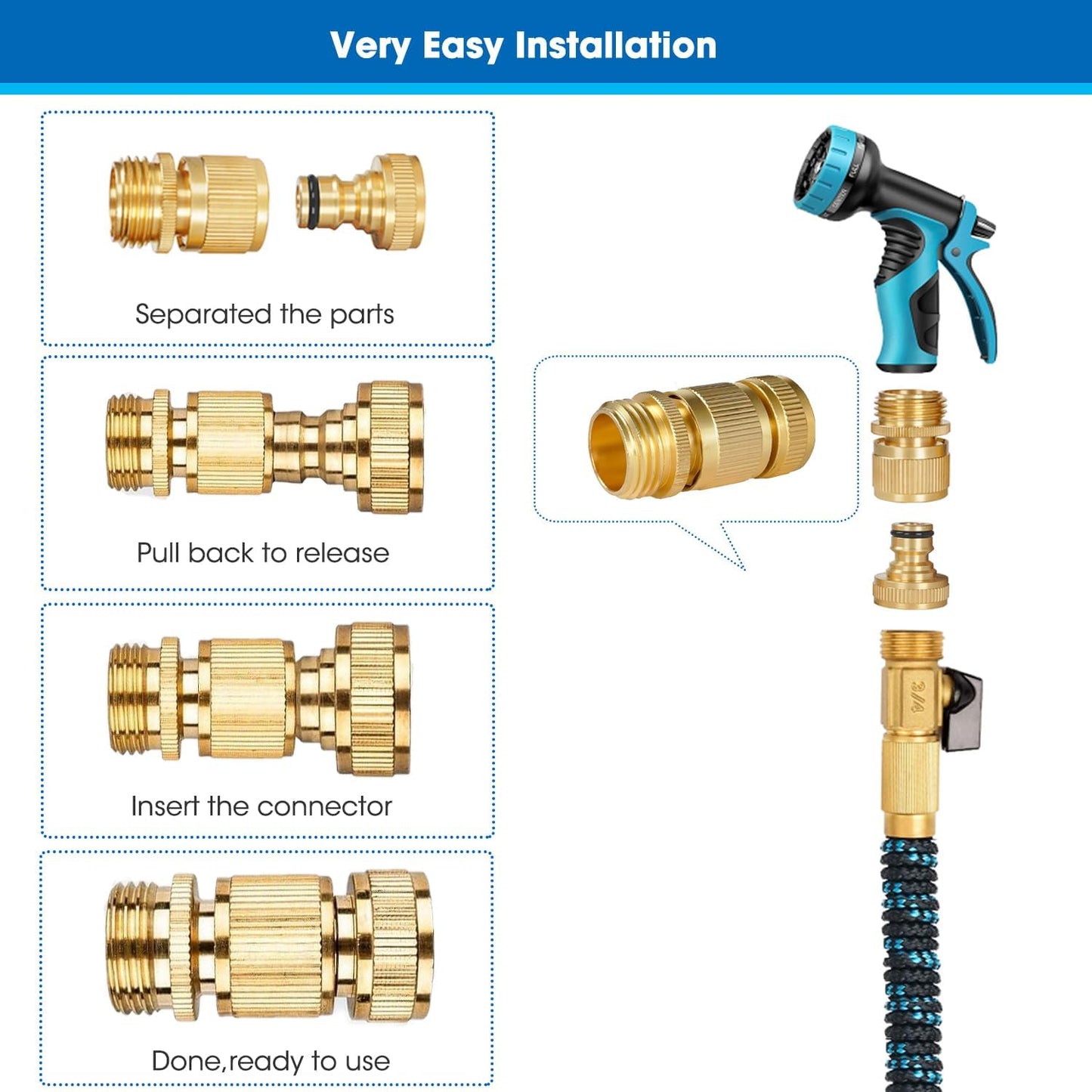 Garden Hose Quick Connector, Solid Brass 3/4 Inch Thread Fitting No-Leak Water Hose Female and Male Easy Connect (6 Sets)