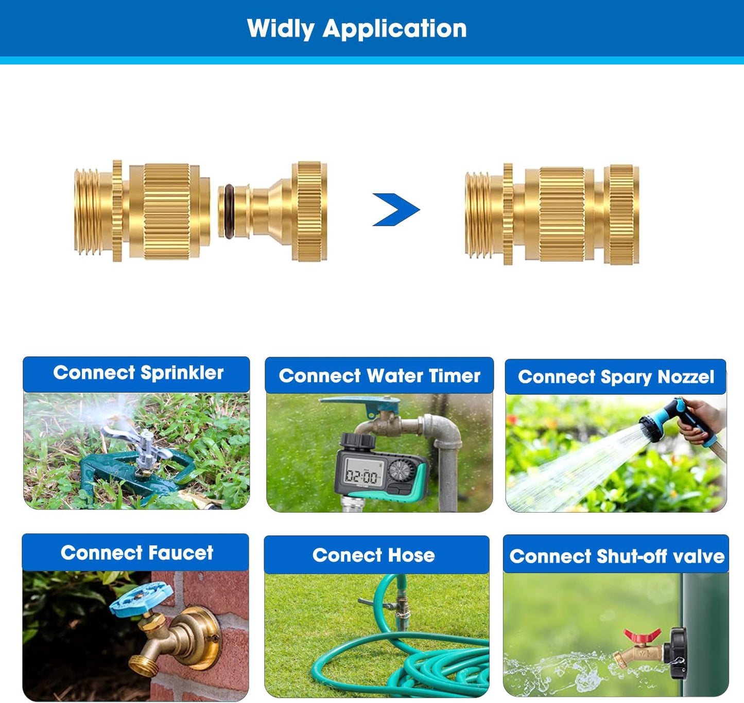 Garden Hose Quick Connector, Solid Brass 3/4 Inch Thread Fitting No-Leak Water Hose Female and Male Easy Connect (6 Sets)