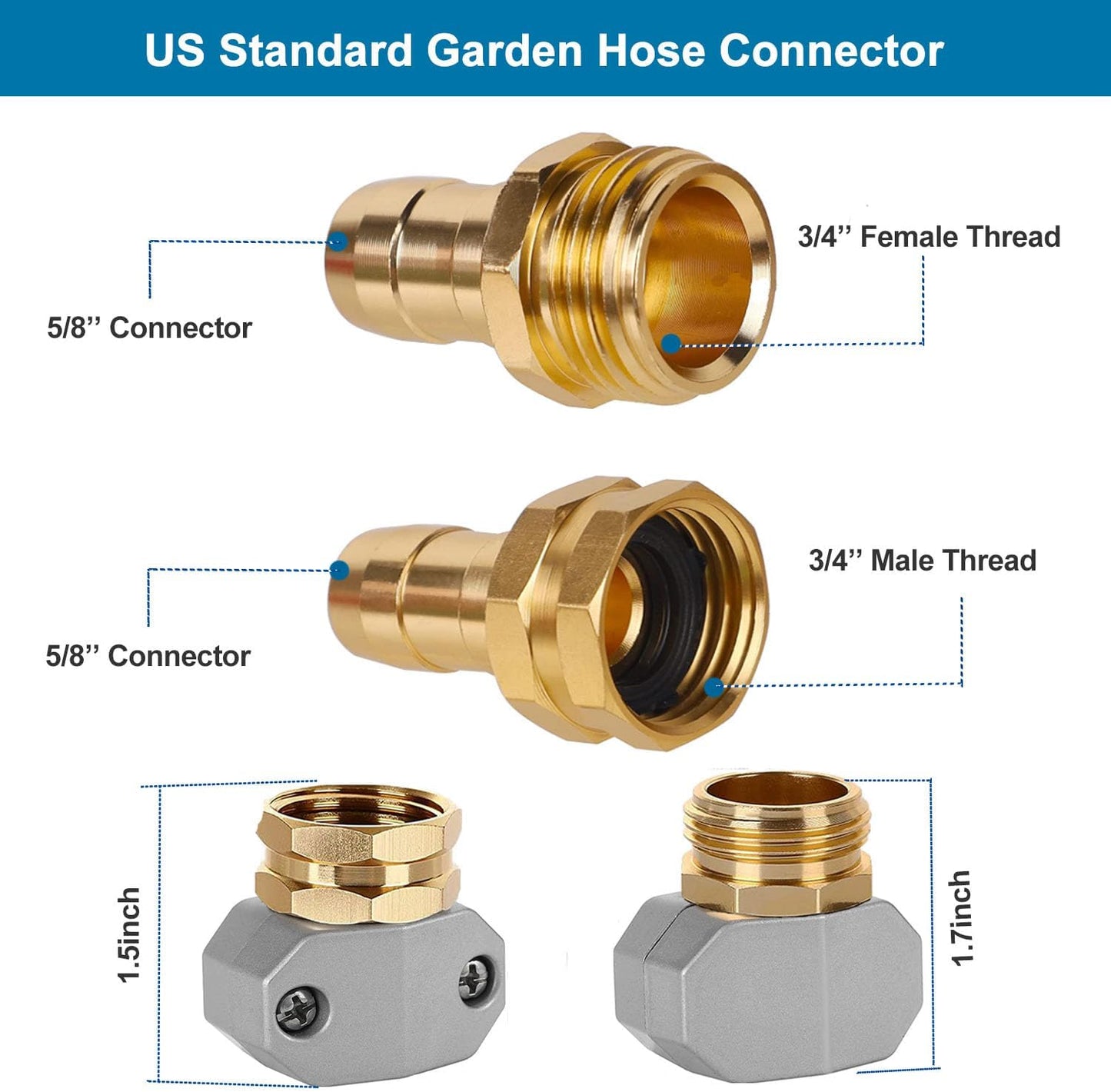 (4 Sets) Garden Hose Repair Connector Fitting, Aluminum Female and Male With Zinc Clamp Water Hose End Repair Connector Fit 3/4 Inch or 5/8 Inch Garden Hose