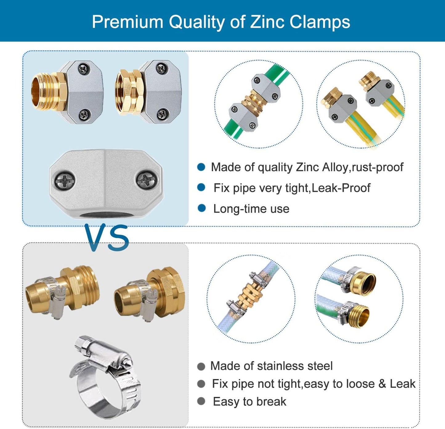 (4 Sets) Garden Hose Repair Connector Fitting, Aluminum Female and Male With Zinc Clamp Water Hose End Repair Connector Fit 3/4 Inch or 5/8 Inch Garden Hose
