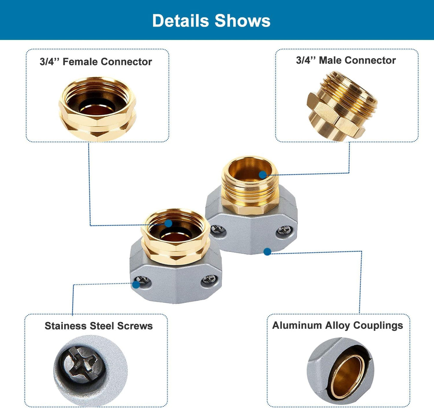 (4 Sets) Garden Hose Repair Connector Fitting, Aluminum Female and Male With Zinc Clamp Water Hose End Repair Connector Fit 3/4 Inch or 5/8 Inch Garden Hose