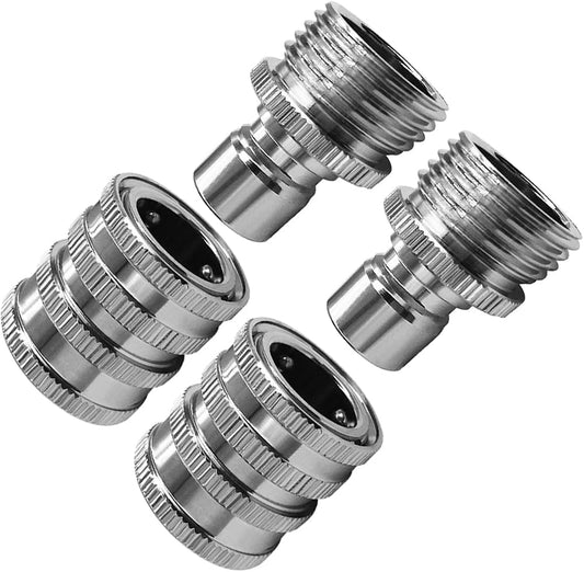Stainless Garden Hose Quick Connect Fittings Water Hose Connectors 3/4 Inch GHT Disconnect Quick Release (Plating Brass&Nickel on Surface, Set of 2)