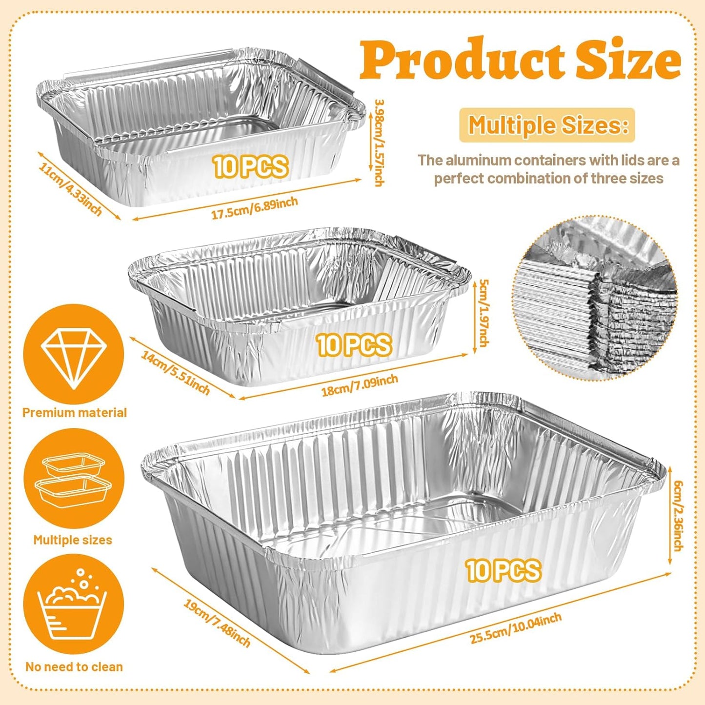 30 Pack Disposable Aluminum Foil Pans with Lids, 10x7.5 And 7.3x5.3 Square 6.9x4.3 Square Combo Set, Disposable Aluminum Pans With Lids for Birthday Party, Wedding, Holiday Celebration