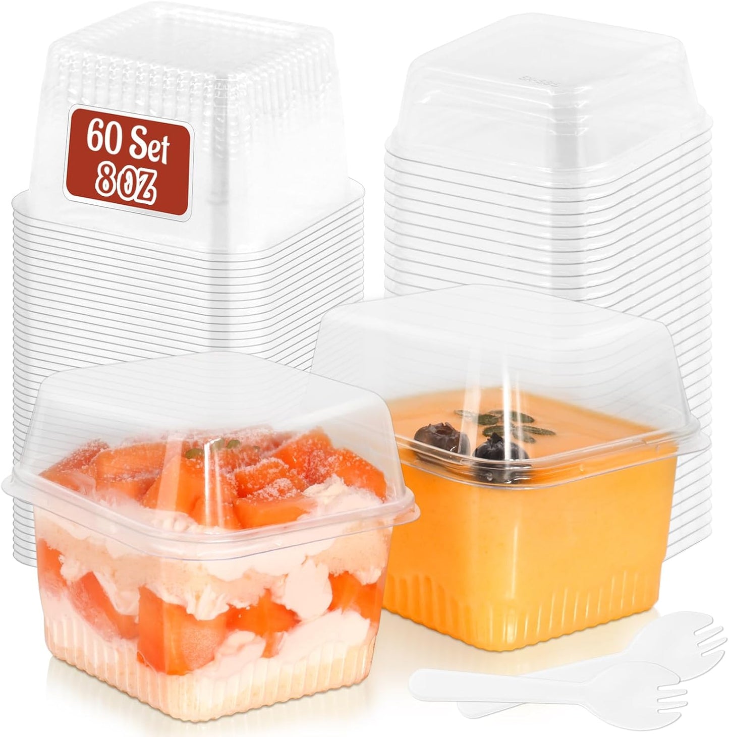 60 Pack 8 oz Plastic Dessert Cups with Lids and Sporks, Square Clear Cups Cake Containers with Lid for Tiramisu, Pudding, Fruit, Yogurt, Parfait, Ice Cream
