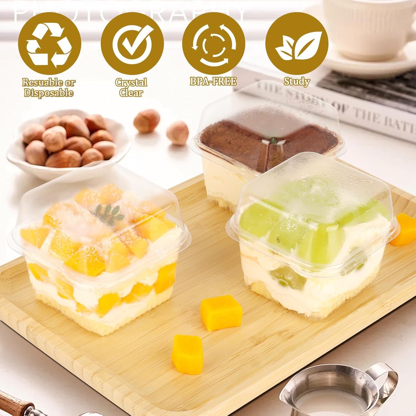 60 Pack 8 oz Plastic Dessert Cups with Lids and Sporks, Square Clear Cups Cake Containers with Lid for Tiramisu, Pudding, Fruit, Yogurt, Parfait, Ice Cream
