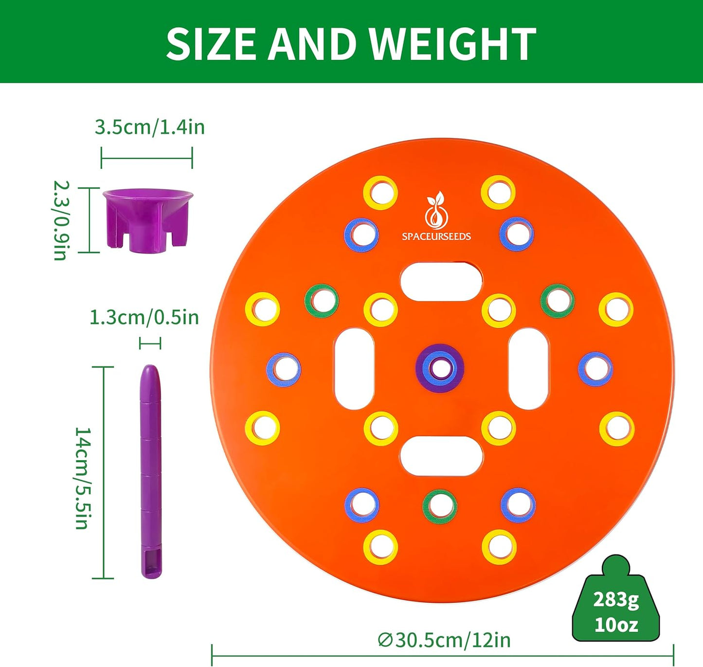 Round Seed Planting Template by  – Patented Color-Coded Garden Spacing Tool Kit with Seed & Seedling Spacer, Dibber with Seed Spoon & Laminated Vegetable Growing Guide